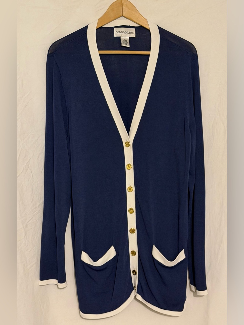 Bloomingdale's Navy Blue Old Money Cardigan Sweater Contrast Trim Gold Buttons